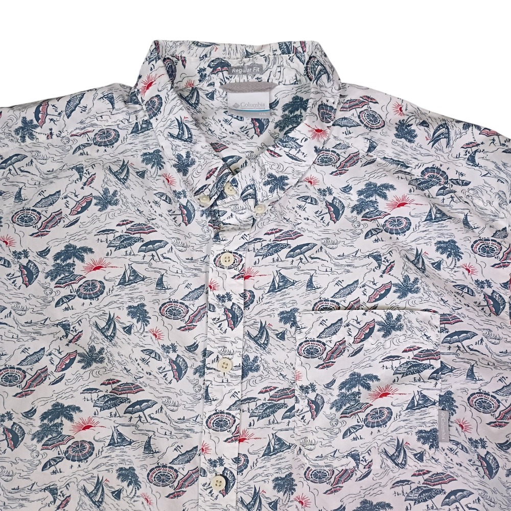 Columbia Mens XXL Short Sleeve Button Down Shirt Beach Sailboat Palm Tree Cotton
